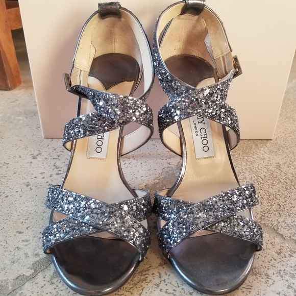 JIMMY CHOO Lottie Black Glitter Sandal High Heel Size 38 - Picture 2 of 6